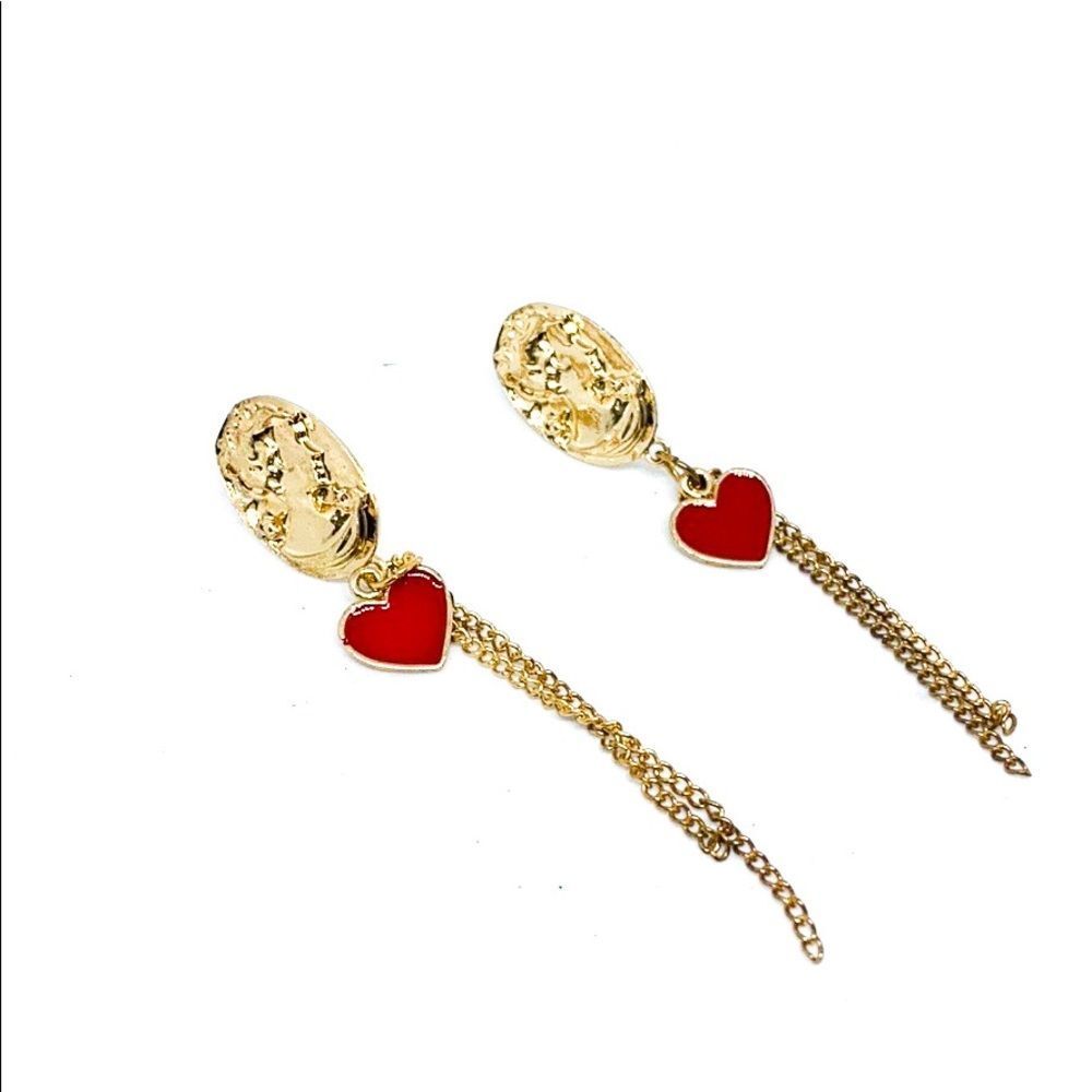 NWT Cameo Gold Red Heart Dangle Tassel Earring